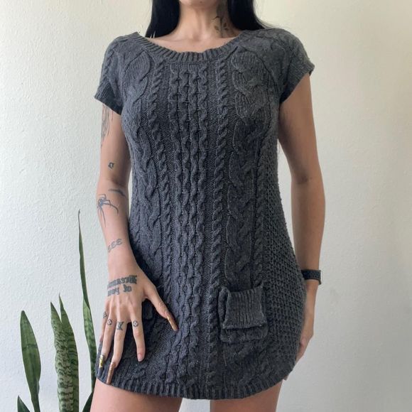 vtg dark grey So cable knit mini sweater dress - Picture 1 of 4